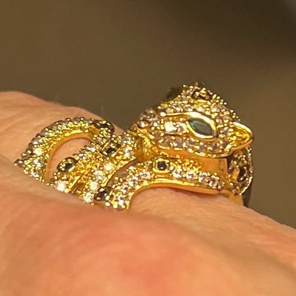 Leopard Gold Plated Emerald Crystal Eyes & Pave Cubic Zirconia Ring | Sz. 7.5 - Picture 4 of 10